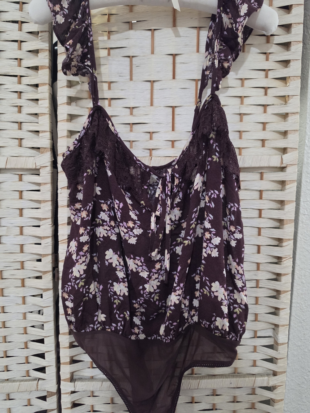 Free People, New, Floral Lace Trim Burgundy Women's Tank Bodysuit, Size S